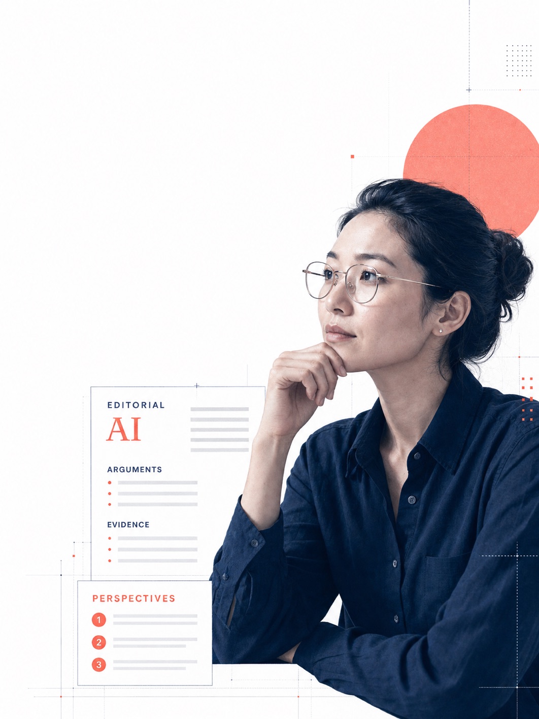 A thoughtful adult considering ideas beside editorial AI documents