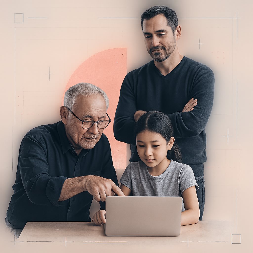 A grandfather pointing at a laptop while his granddaughter types, her father watching behind them
