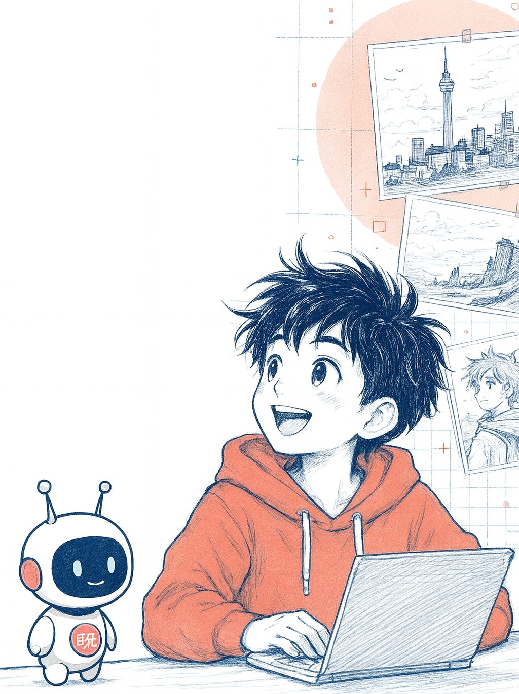 A curious child building at a desk beside a friendly AI companion
