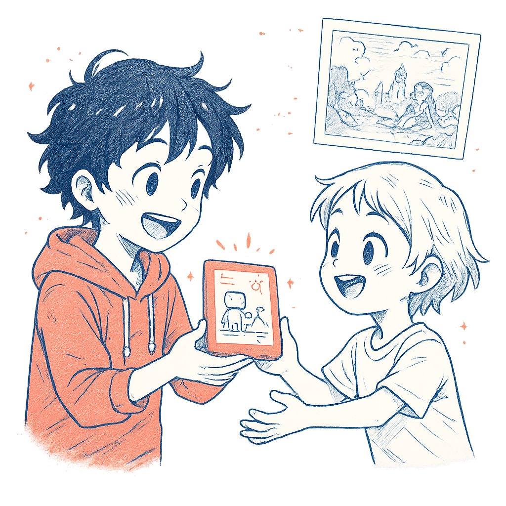 A child joyfully passing the thing they built to another child